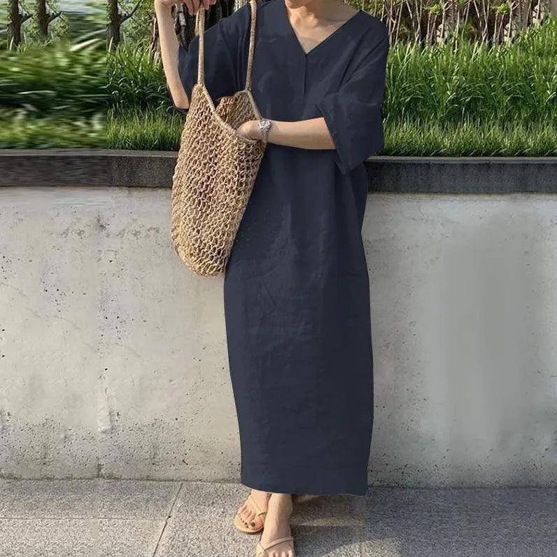 women's clothing vestidoes Women Dresses 2026  New loose short-sleeved V-neck solid color cotton linen solid color long dress