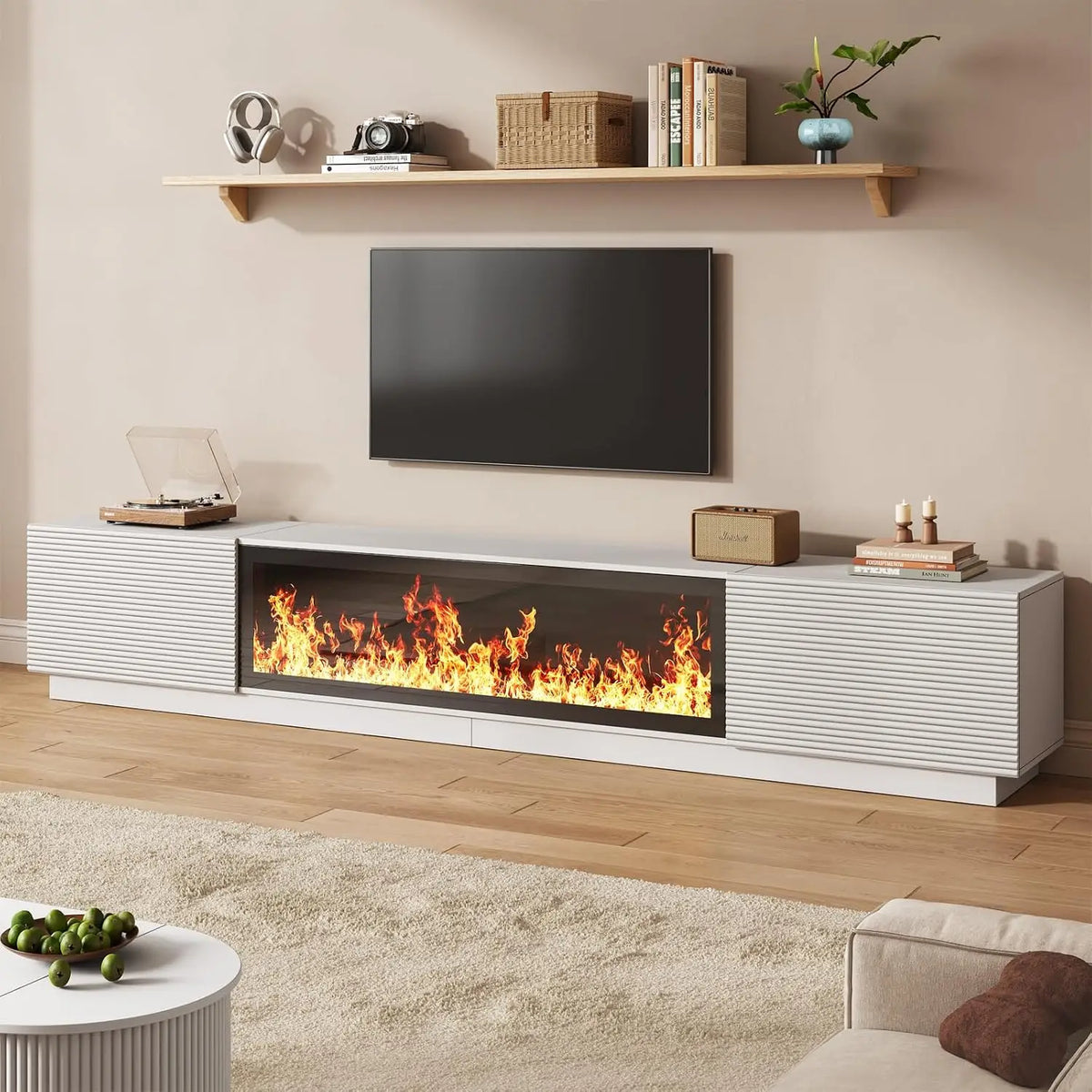 94.5" Fluted TV Stand with Electric Fireplace - Modern Natural Wood