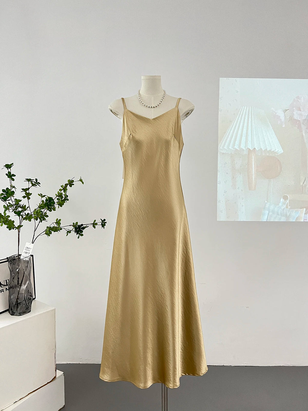 Elegant Women Spaghetti Strap Satin Dresses Summer V-Neck Solid Color Thin Sleeveless Long Dress Women A-Line Dress