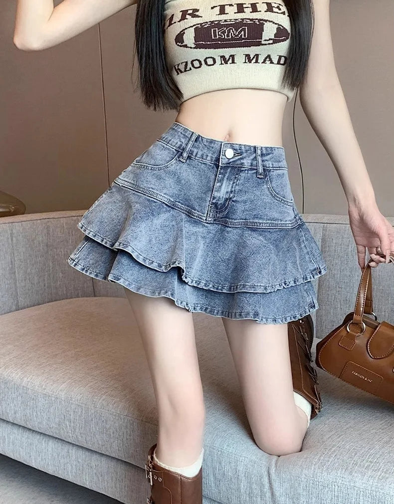 American High Waist A-word Denim Skirt Summer Cake Fluffy Skirt Women's Culottes