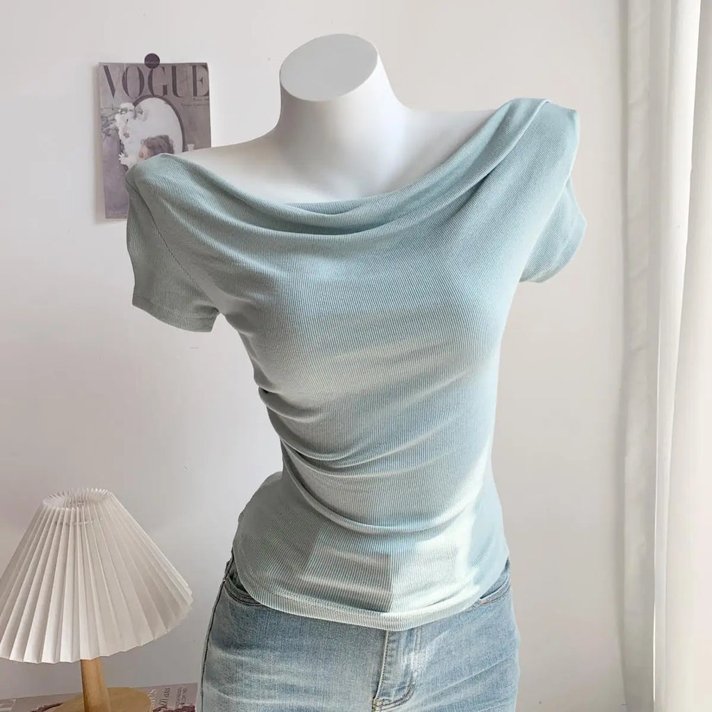 Summer Short Sleeve T-Shirt Shoulder Bared Open Neck Irregular Pleated Korean Style Slim Fit Pure Color Modal Fabric Ladies Top