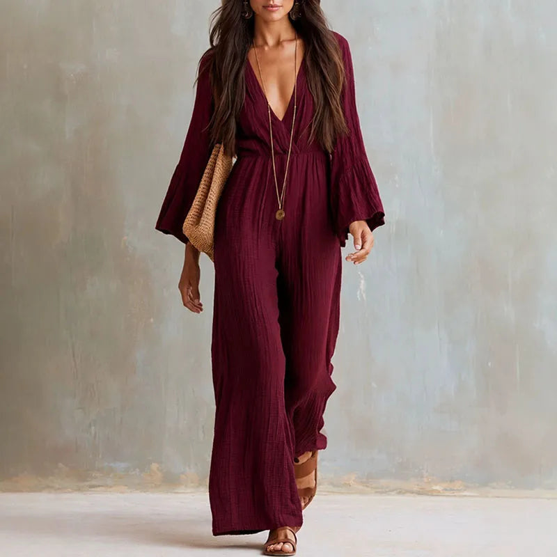 Women Solid Crinkle Jumpsuit Deep V 3/4 Flare Sleeve Elastic Waist Pocket Wide Leg Playsuit Bohemian Autumn Beach Holiday Romper