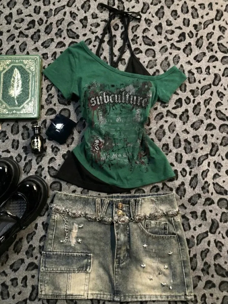 American Vintage Letter Print Fake Two Halter T-shirt Women Short Sleeve Patchwork Slim Crop Tops Y2k Aesthetic Harajuku Tees