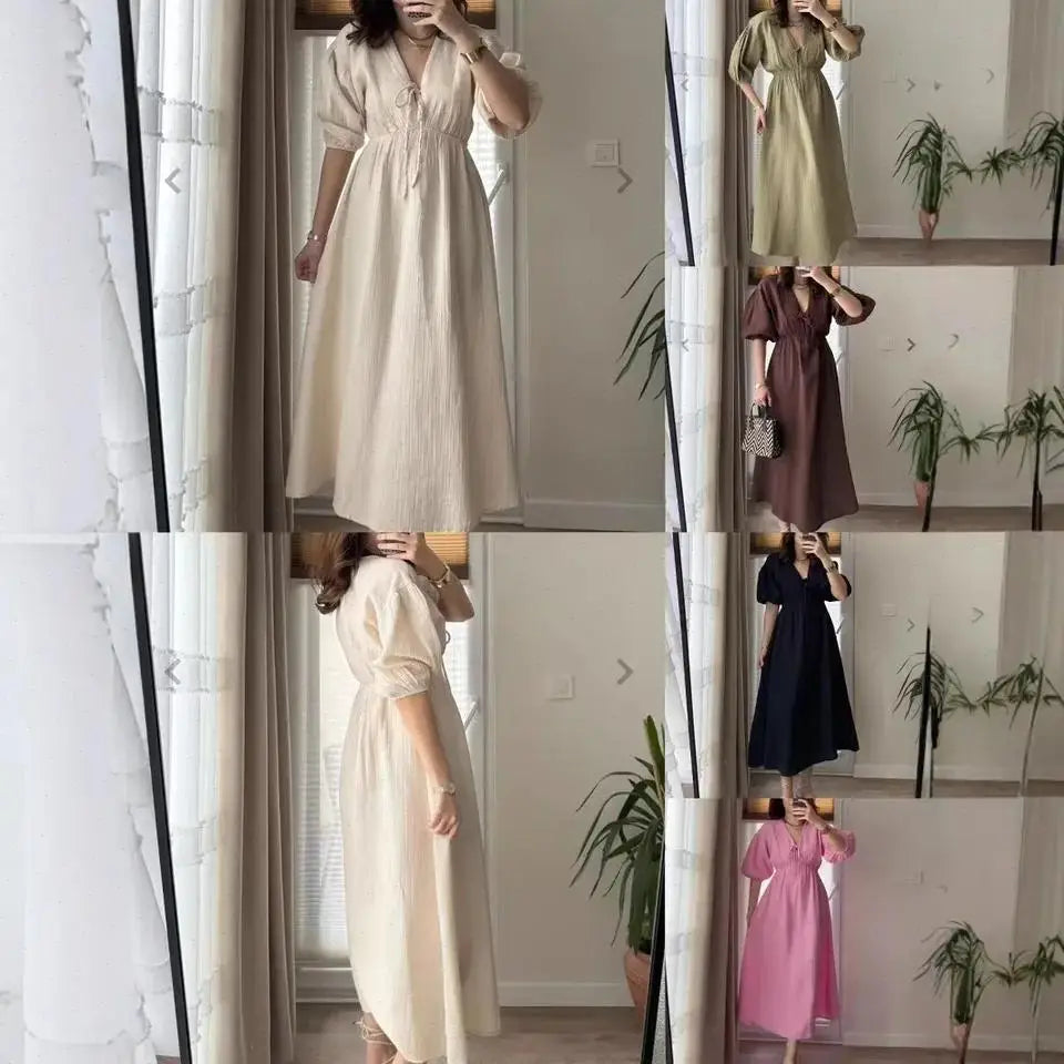 Dress Women Dresses A Line Puff Sleeve Vestidos V Neck Elastic Waist Elegant Mid Length Solid Y2k Streetwear Work Lace Up Summer