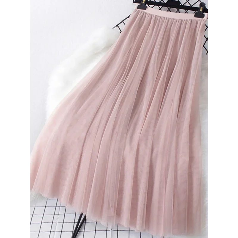 New large hem chiffon long skirt for women's Korean casual simple solid color three-layer A-line high waisted long skirt
