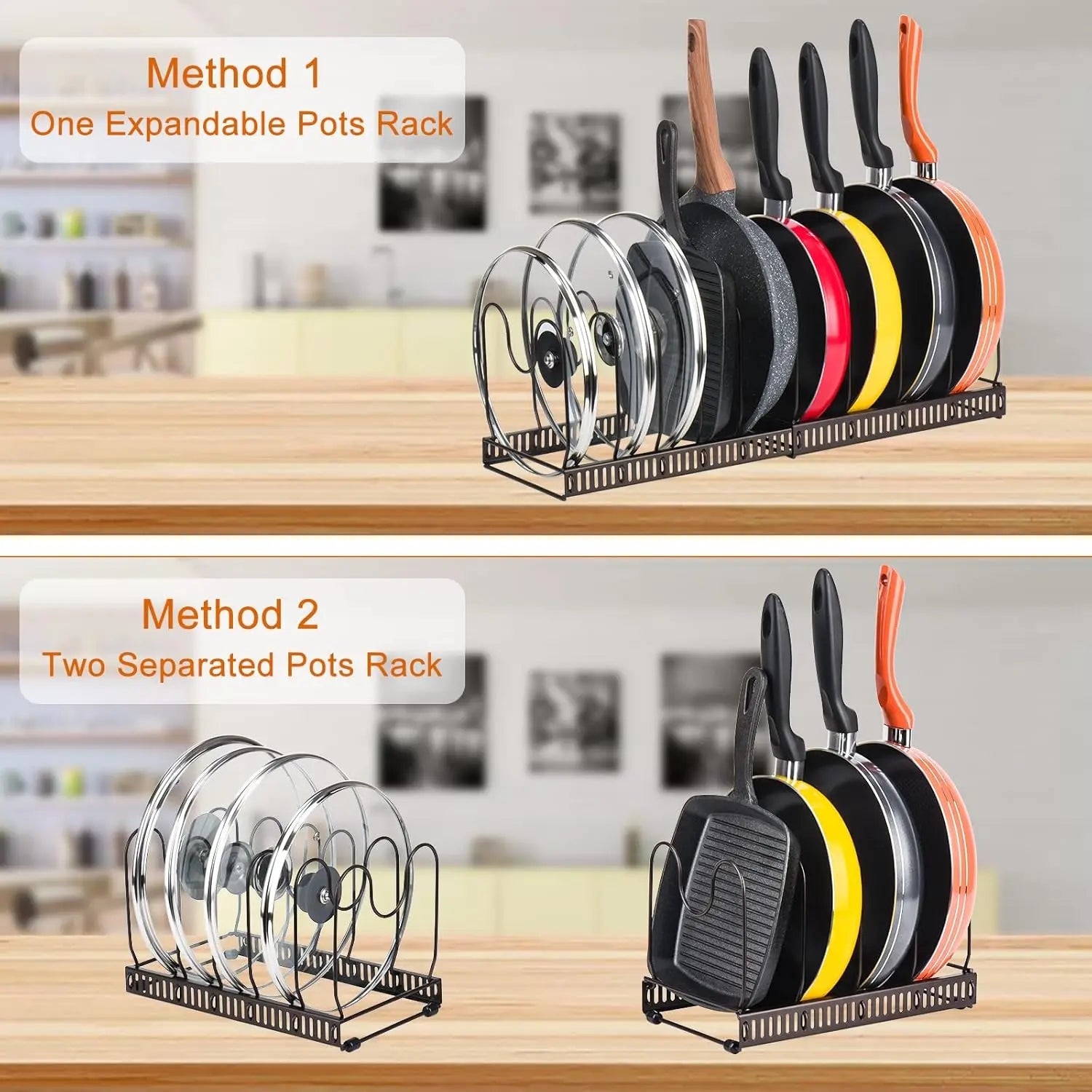 Estante expandible para guardar ollas y sartenes para gabinetes, organizador de ollas y tapas con 6 estantes ajustables para herramientas de organización de cocina