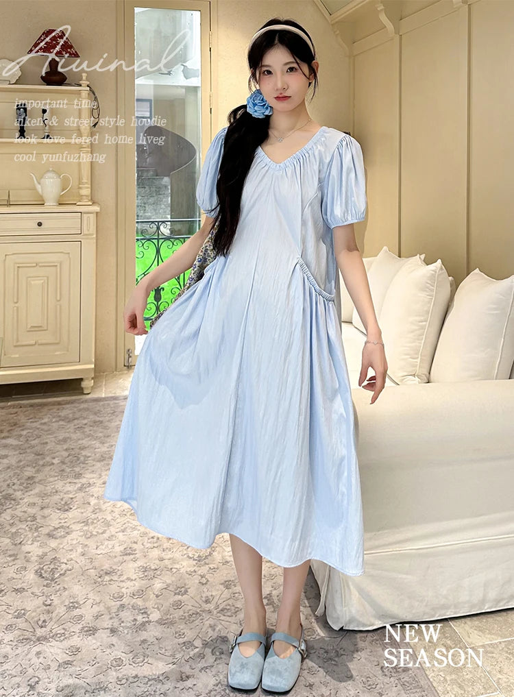 Korean Style Pregnant Woman Summer Dress with Pockets Puff Sleeve V-neck Maternity Pleated Dress