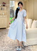 Korean Style Pregnant Woman Summer Dress with Pockets Puff Sleeve V-neck Maternity Pleated Dress