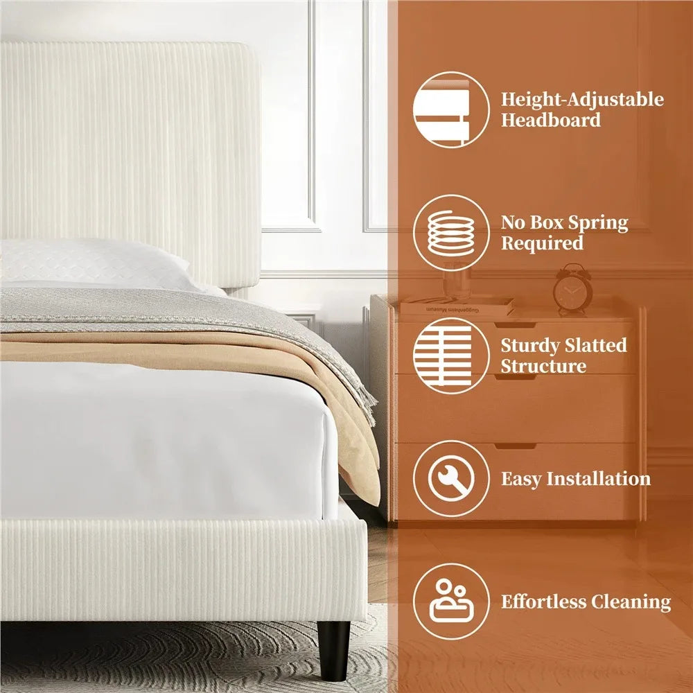 1PC Twin/Full/King Bed Frame With Adjustable Headboard, Mattress Foundation With Wooden Slat Support, Chenille Fabric Upholstered Headboard