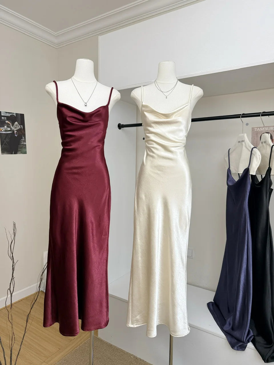 Women's Summer Sexy Swinging Collar Sheen Acetate Slim Long Dress Lady Sleeveless Strap Solid Color Satin Holiday Party Dress