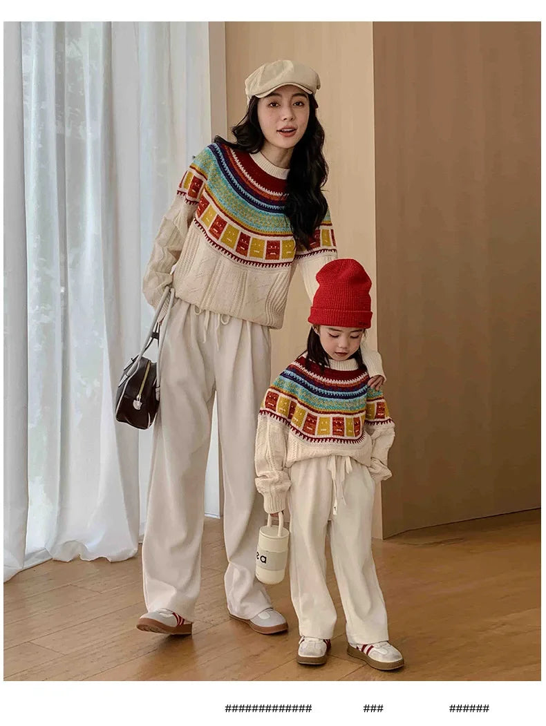 Women Sweater Print Family Daughter Matching Equal Mother Same Knit Top Pullover Baby Knitwear Clothes Knitted Jumper Holiday