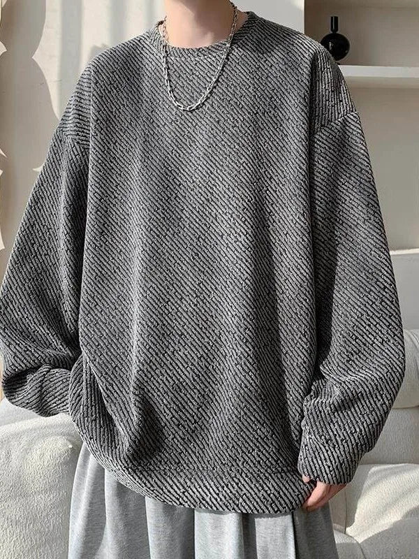 Street Style Round Neck Sweatshirt Men'S Spring Autumn Heavyweight Retro Loose Fit Top High Street Stripe Pattern Casual Wear