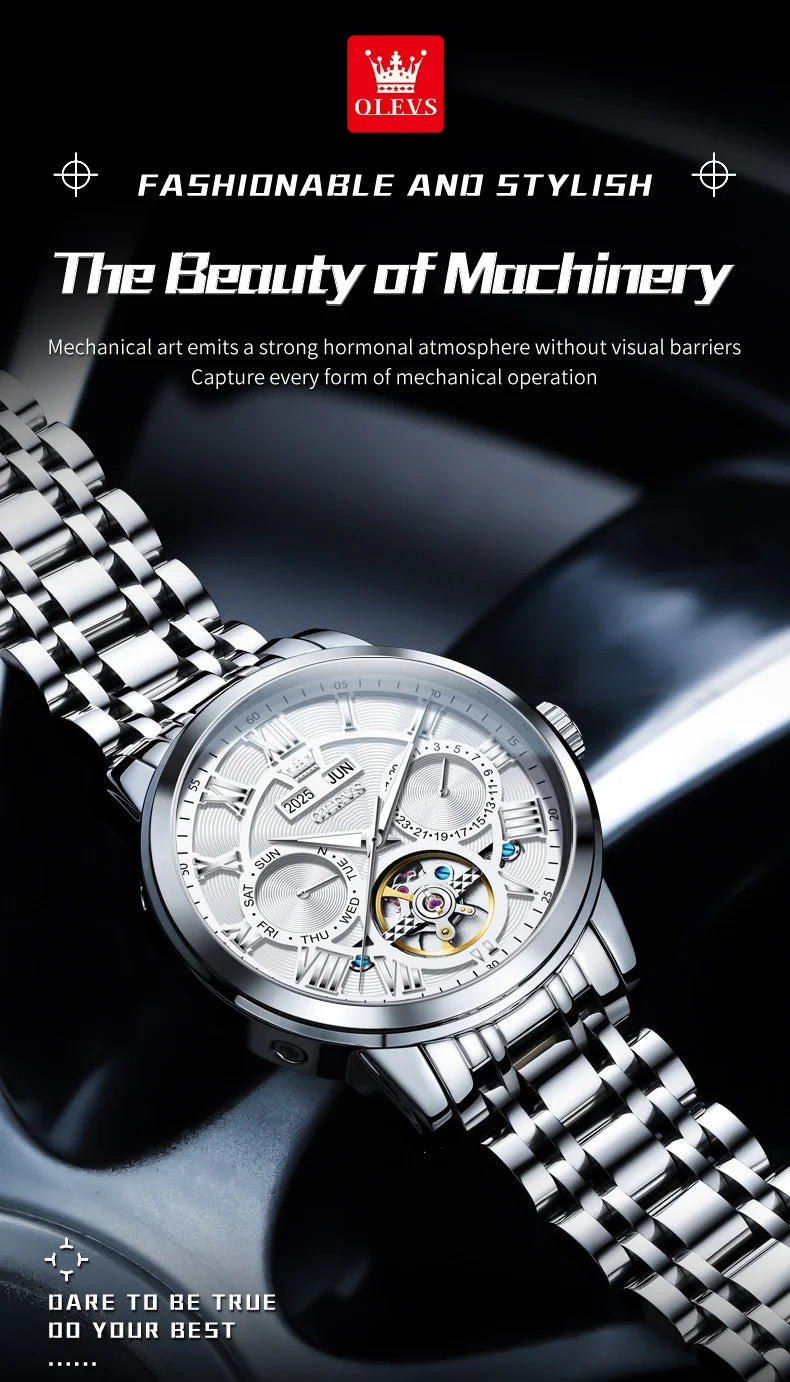 OLEVS 6668 Original Men's Watch Multifunctional Skeleton Waterproof Stainless steel Strap Business Automatic Mechanical Watches