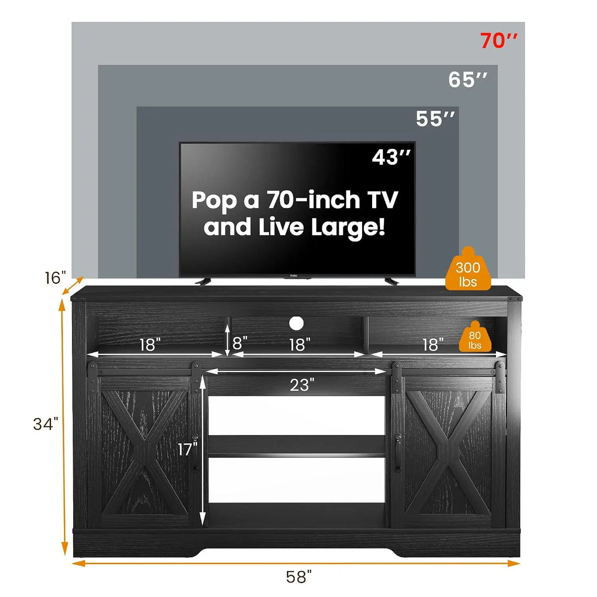 Black Farmhouse TV Stand with Sliding Bar Door & 23" Electric Fireplace with Remote for 65+ Inch TV Living Room, Customized