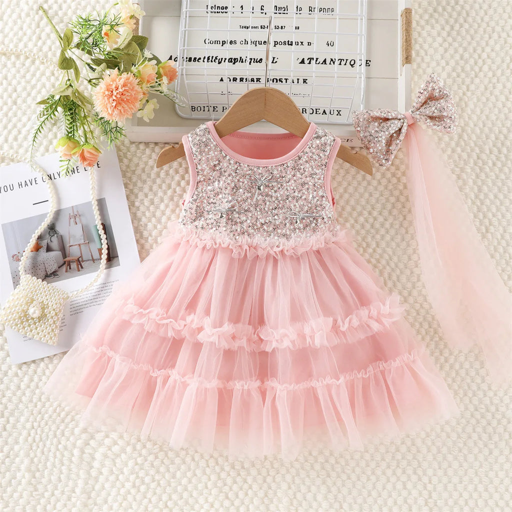 2026 New Summer 1-5Y Childrens Dress Sequin Tulle Sleeveless Girls Dress with Bow Decorations and Matching Sequin Veil
