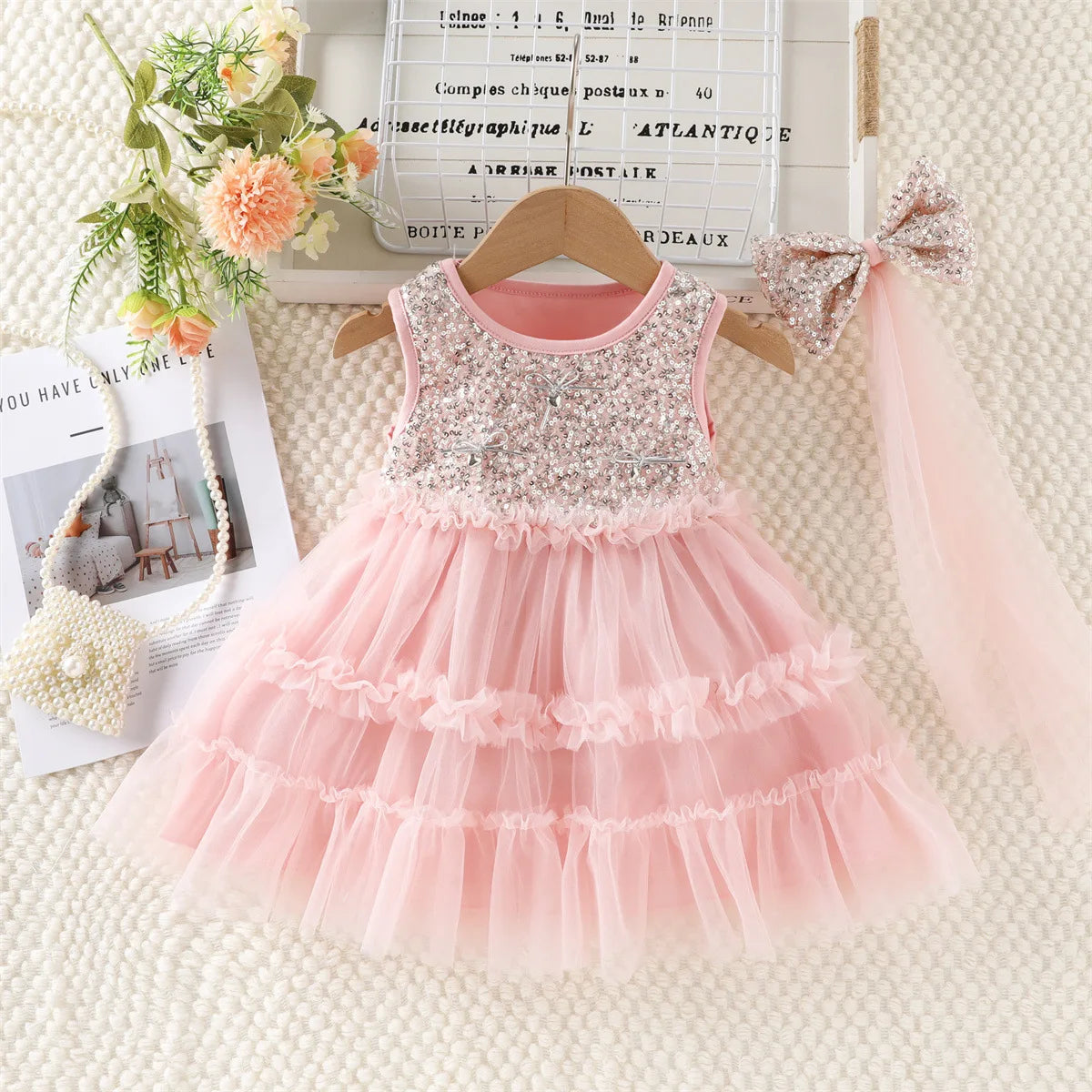 2026 New Summer 1-5Y Childrens Dress Sequin Tulle Sleeveless Girls Dress with Bow Decorations and Matching Sequin Veil