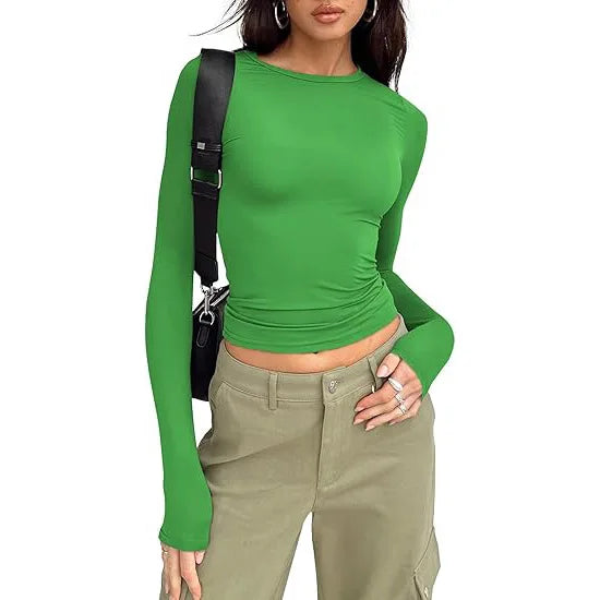 1pcs Woman Clothing Long Sleeve T-shirt Slim Fit Top Female O-Neck Knitted Sheath Tee Shirt Street Wear Sexy Sport Solid Tshirt