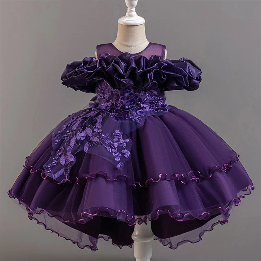 Fashion Pink Flower Girl Party Dresses Wedding Birthday Tulle Princess Dress for Kids Graduation Pageant Bridesmaid Kids Costume