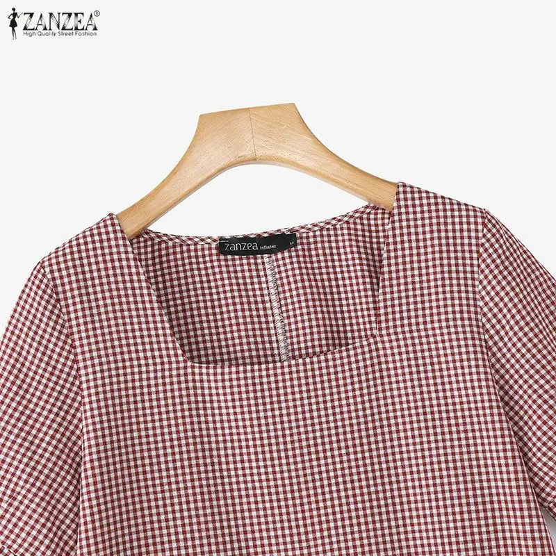 Summer Women's Gingham Knee-Length Dress Suqare Neck Short Puff Sleeve A-Line Ruffled Hem Dresses ZANZEA Daily Casual Robe Femme