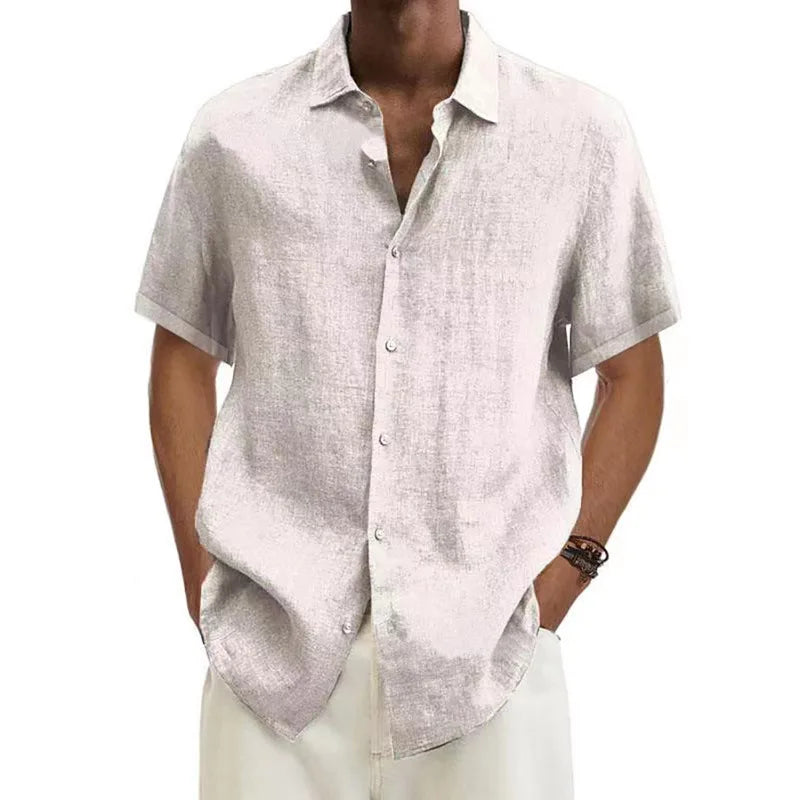 Men's Cotton Linen Button Short Sleeve Shirt Loose Fit Classic Collar Trendy Casual Summer Fashion Pure Color Youth Clothing