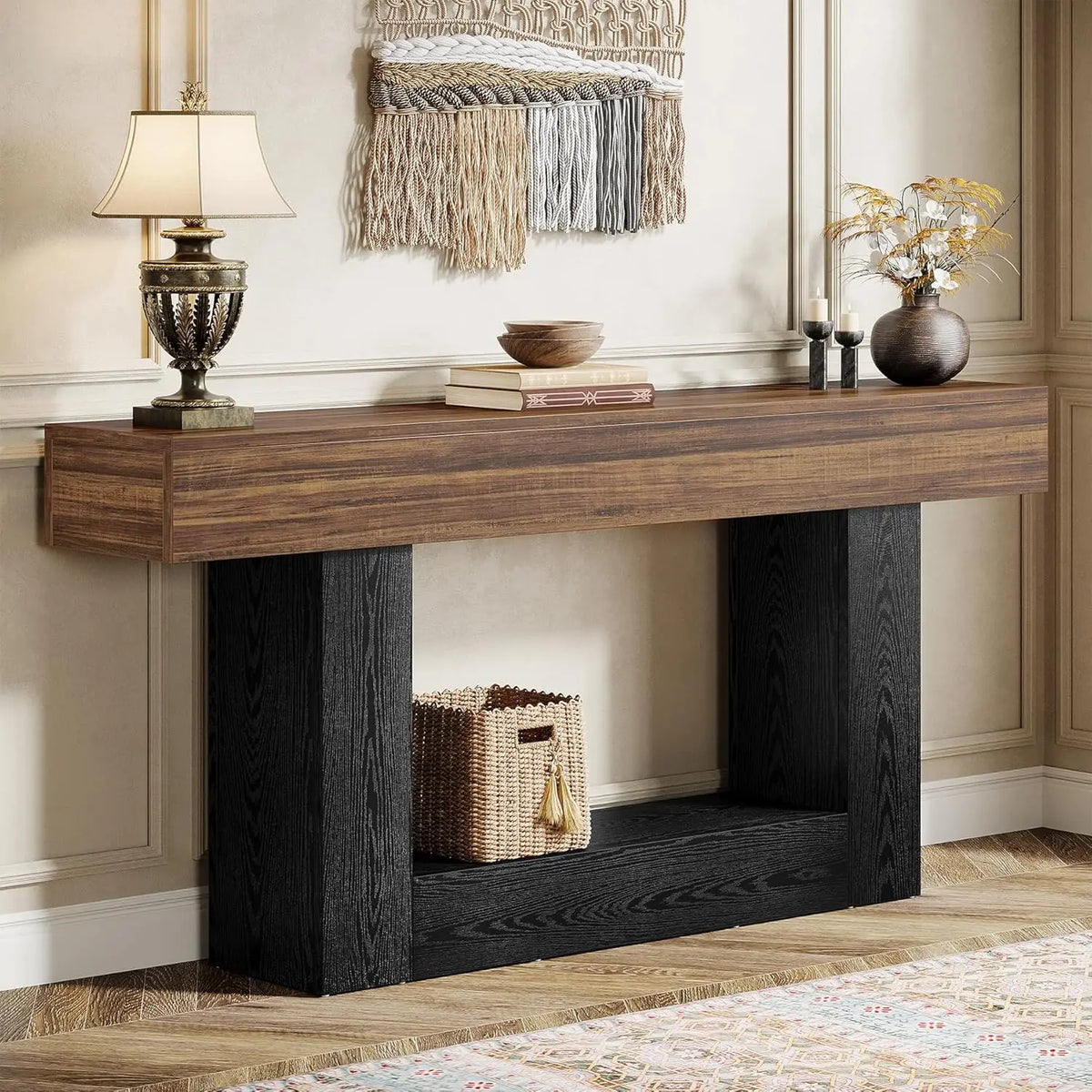 63" Farmhouse 2-Tier Console Table, U-Shaped Base Sofa Table - Brown