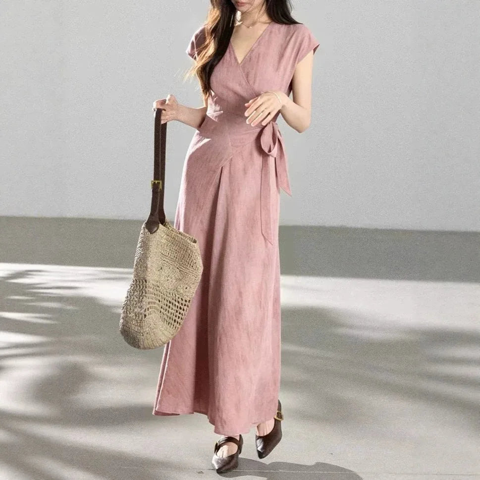 Purple Gradient V-neck Short-sleeved Uneven Hem Dress High Waist Crossed Belt Design Polyester Casual Long Dress