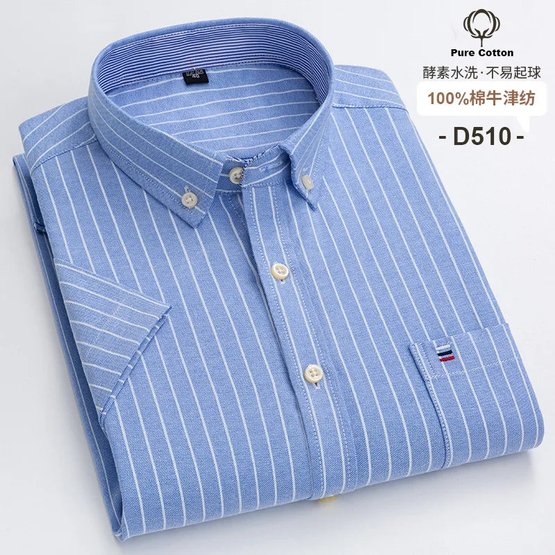 7XL Classic Men's Short Sleeve Shirt 100% Oxford Cotton Casual Plaid Stripe Shirt Business Men's Shirts Short Sleeve Large Size
