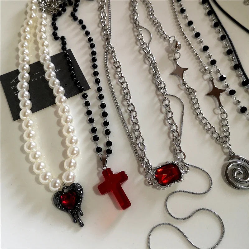 Punk Gothic Red Glass Cross Heart Pendant Pearl Necklace For Women'S Men Hip Hop Y2K 90S Short Choker Charms Jewelry Accessories