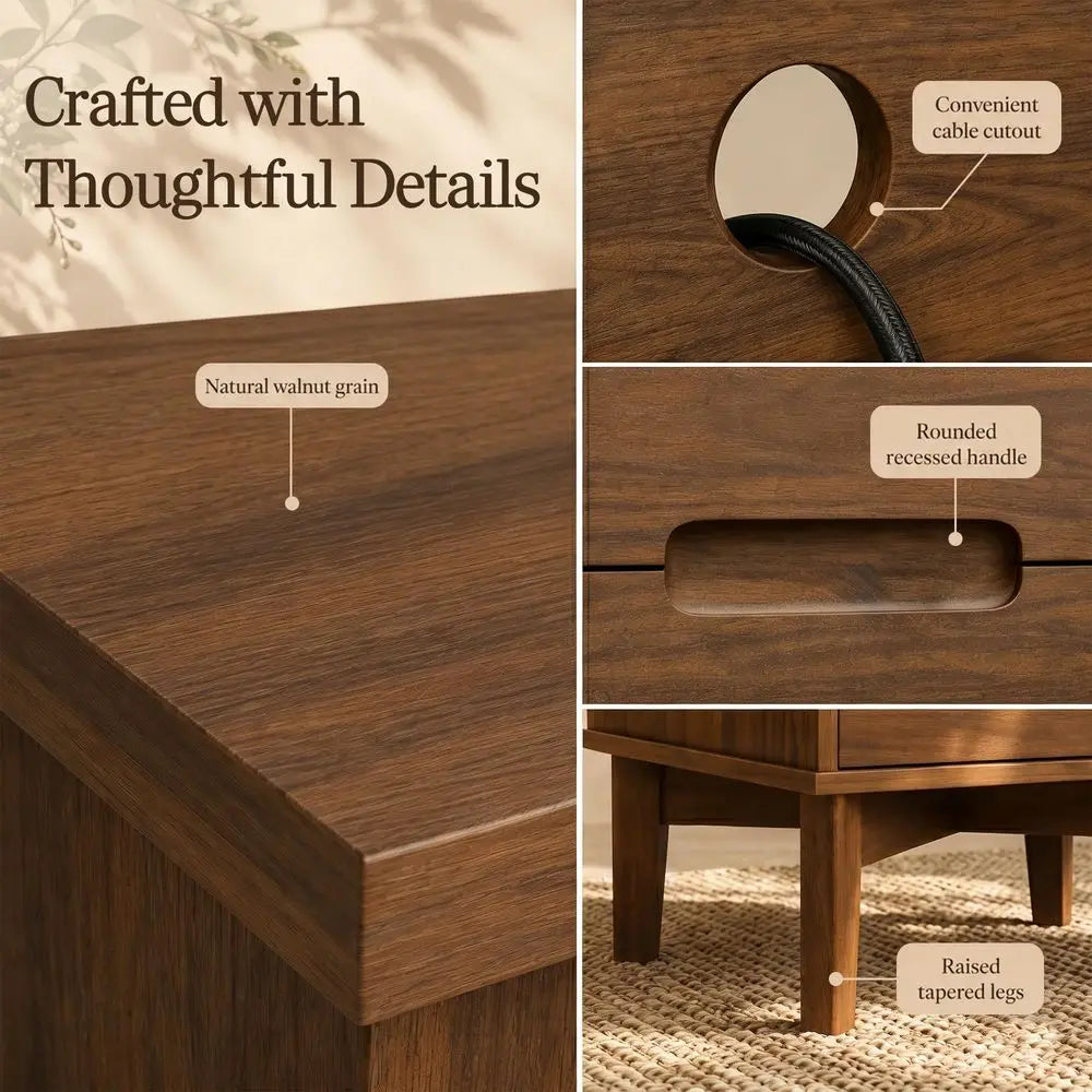 Tall Wood Nightstand Set of 2 with Charging Station amp USBC, Mid Century Modern Bedside Table with Solid Wood Legs, Walnut Fin