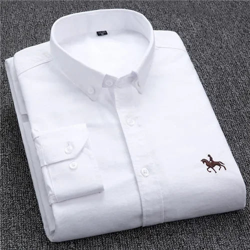 Premium Pure Cotton Oxford Shirt For Men Long Sleeve With Embroidered Horse Design Regular Fit White Dress Shirt