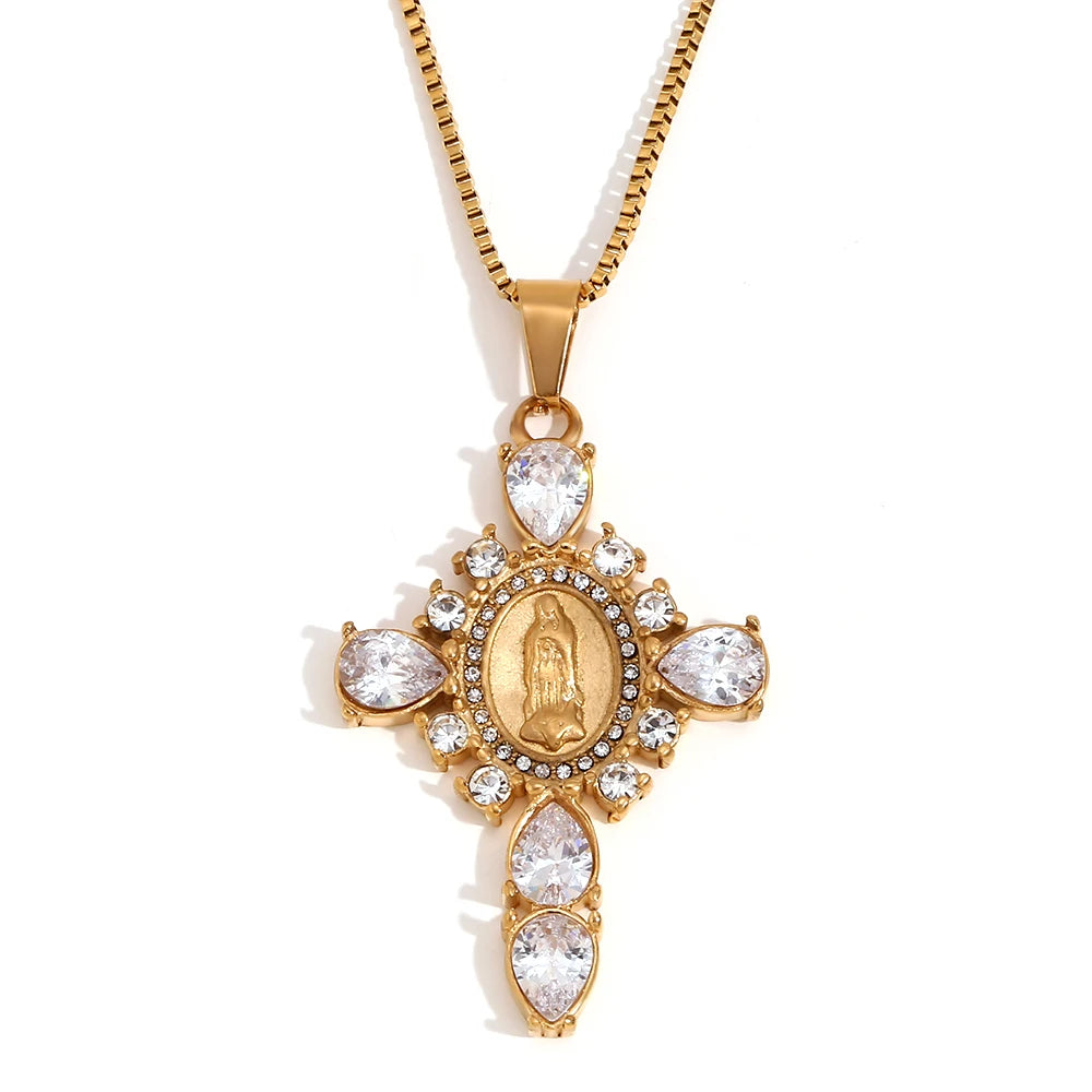 E.B.Belle Fashion Style Luxury Clear Zircon Cross Series Pendant Necklace 18K Gold Plated Stainless Steel Women'S Jewelry