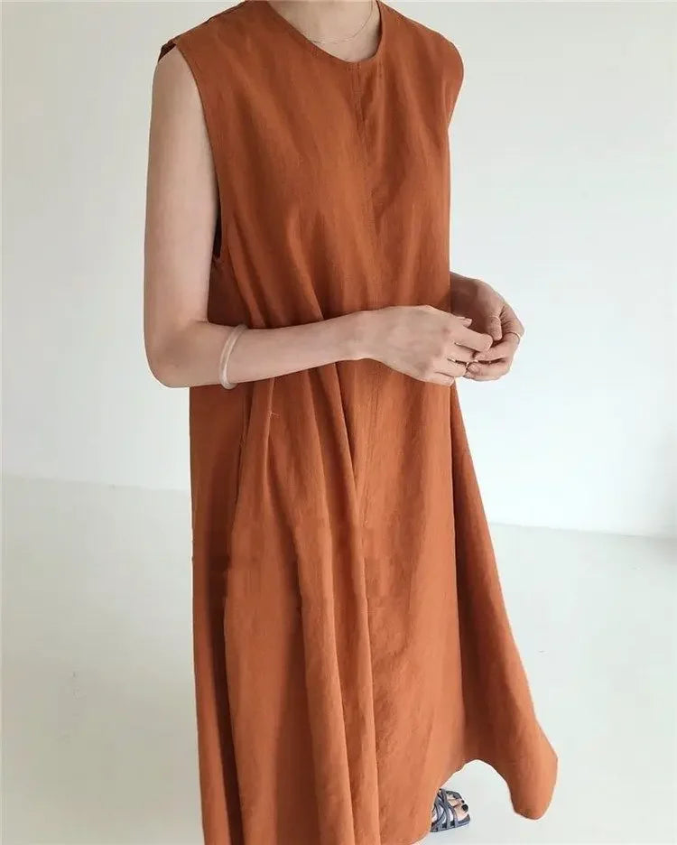Korean Fashion Women Dress Casual Round Neck Loose Solid Color Casual Big Swing Sleeveless Long Linen Lazy Style Vestidos