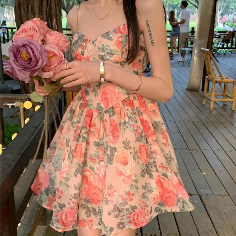 Women's Floral Print A-line Dress with Adjustable Straps and High Waist Design for Spring Summer Autumn Winter Wear