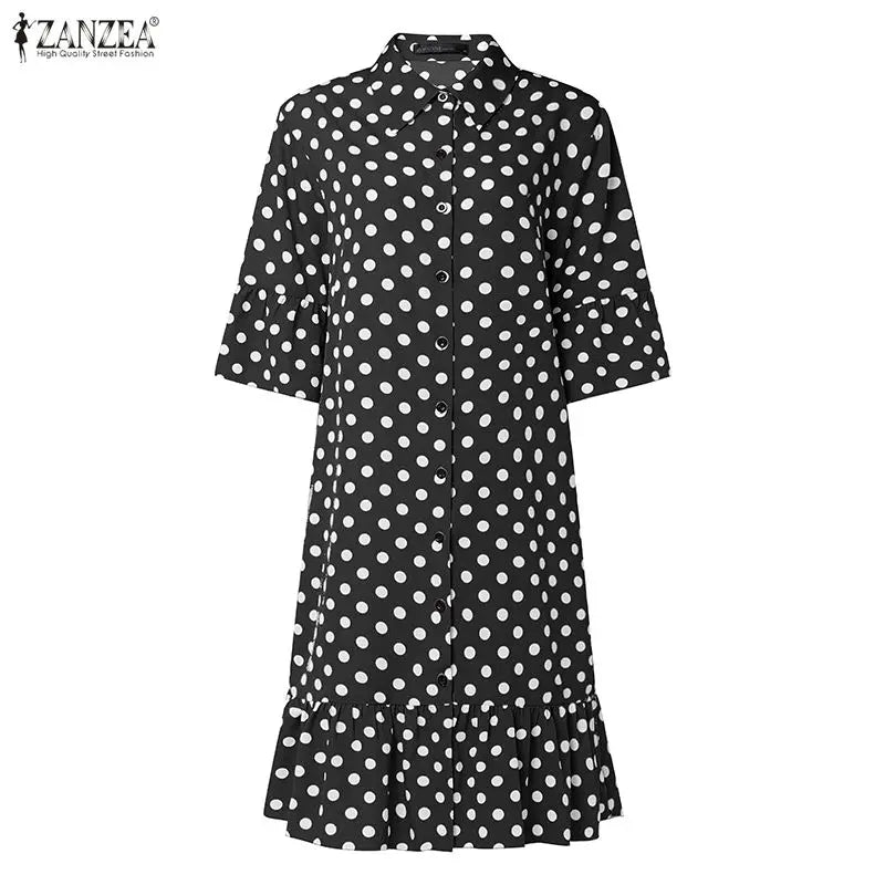 ZANZEA Summer Elegant Lapel Neck Short Sleeve Sundress Polka Dots Printed Women Dress Stylish Casual Holiday Beach Midi Dresses