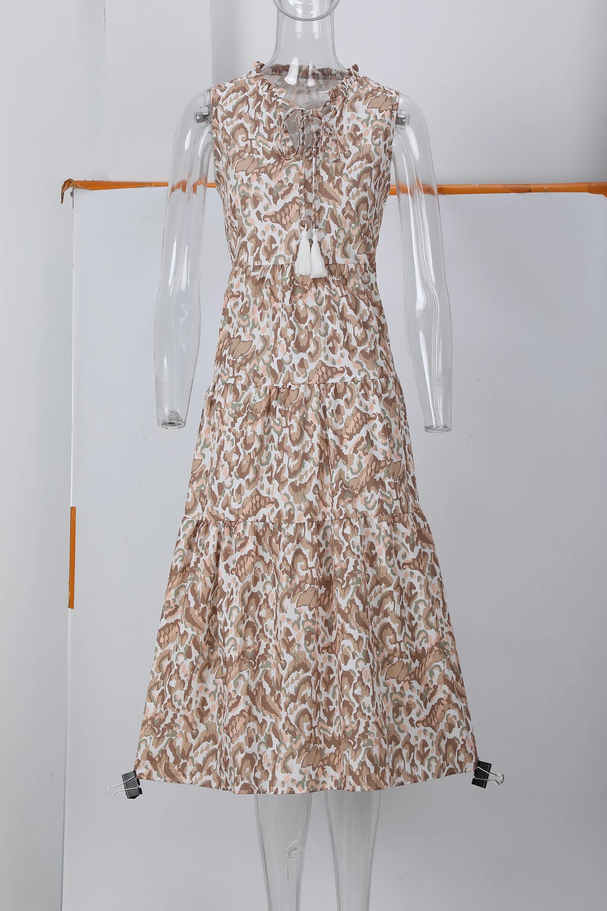 New European and American Summer Cross-border Seaside Vacation Mid to Long Sleeveless V-neck Tassel Abstract Print Dress