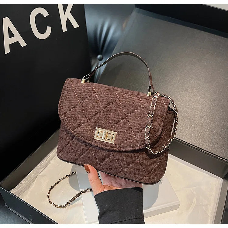Diamond Grid Chain Crossbody Bag One Shoulder Purse Trendy Flip Top Clutch Women's Fashion Suede Leather Casual Shoulder Bag