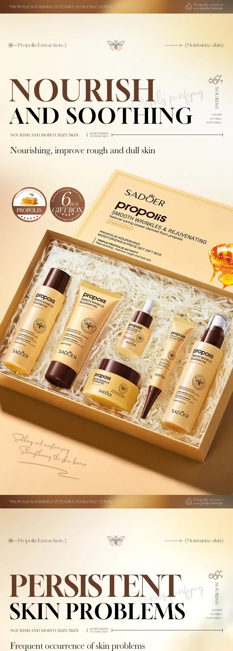 6pcs Propolis Nourishing Skincare Gift Set, Intensive Hydrating Sodium Hyaluronate Facial Kit, Barrier Repair, Smooth Wrinkles