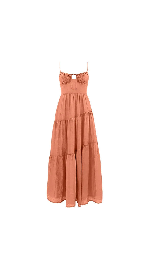 Women Spaghetti Strap Front Tie Tiered Flowy Backless Maxi Dress