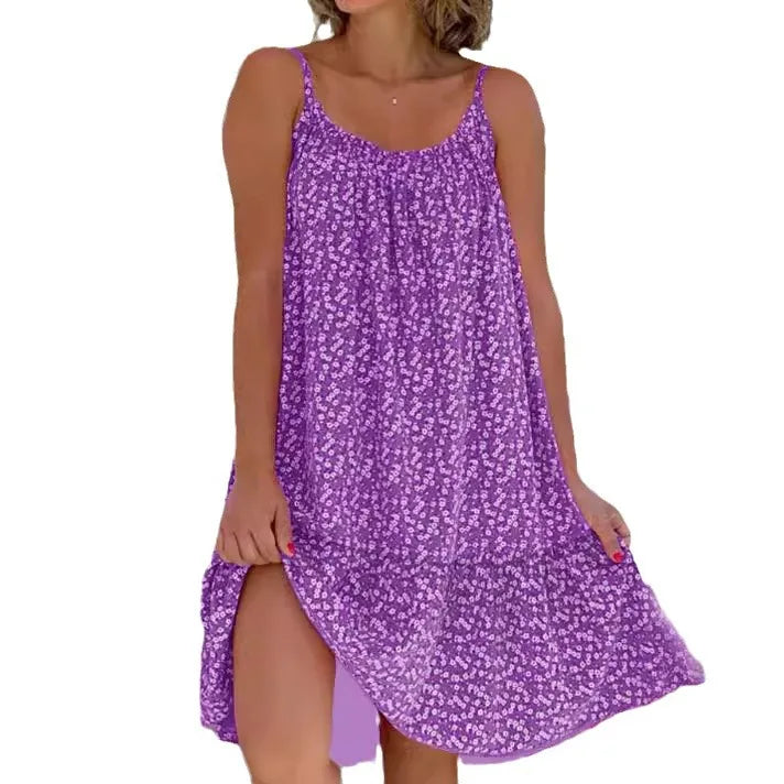 Women Floral Print Sleeveless Spaghetti Strap Beach Bohemian Dresses Ladies Vacation Summer Boho Midi Dress Robe