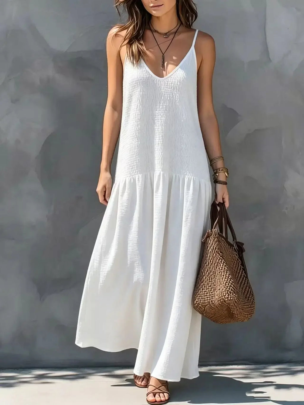 Spaghetti Strap V Neck Maxi Dress Smocked Bust Loose Wide Hem Coastal Style Getaway Wear Sleeveless Beach Long Sundress