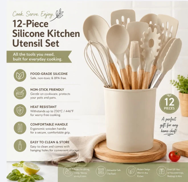 12 Pieces Silicone Kitchen Utensil Set with Storage Holder, Non-Stick Heat Resistant Cooking Utensils with Wooden Handles, BPA Free Dishwasher Safe Kitchen Gadgets for Home Cooking Baking