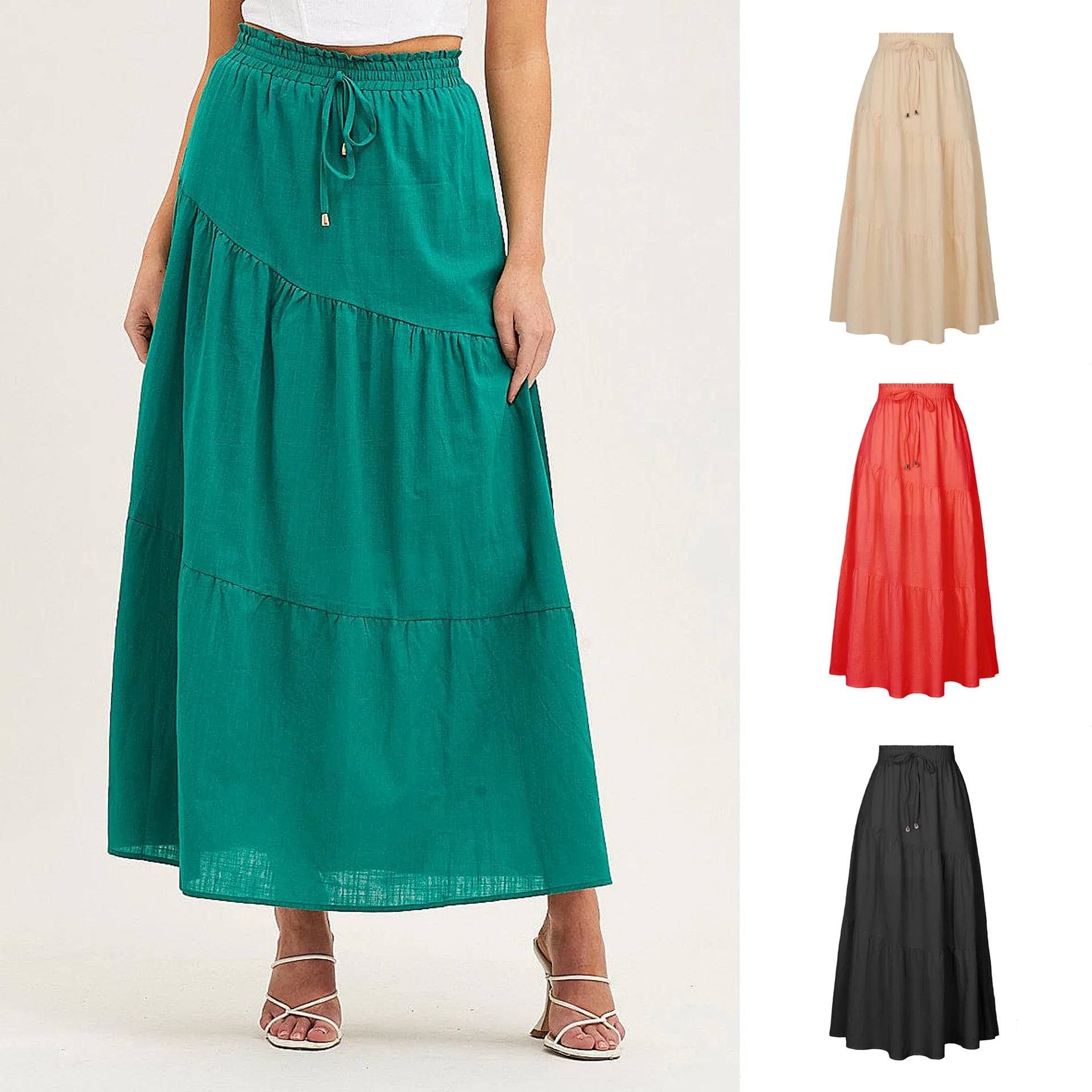 Skirts women 2025 casual Premium cotton linen Solid color high-waisted elastic A-line large hem pleated skirts women's clothing
