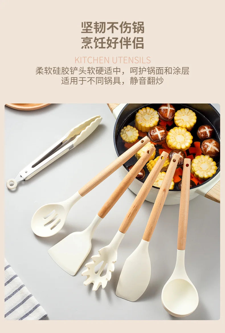 2/12Pcs White Silicone Kitchen Utensils Set with Wooden Handle,Cookware Spatula, Heat Resistant Non-stick Kitchen Cooking Tools