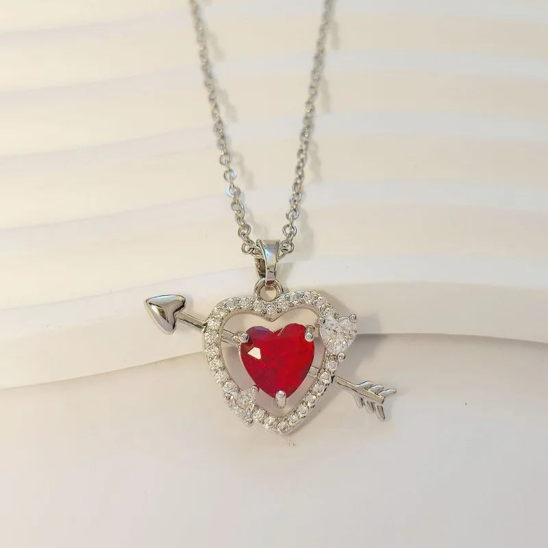 Arrow Through Heart Couple Pendant Necklace - Copper Zircon