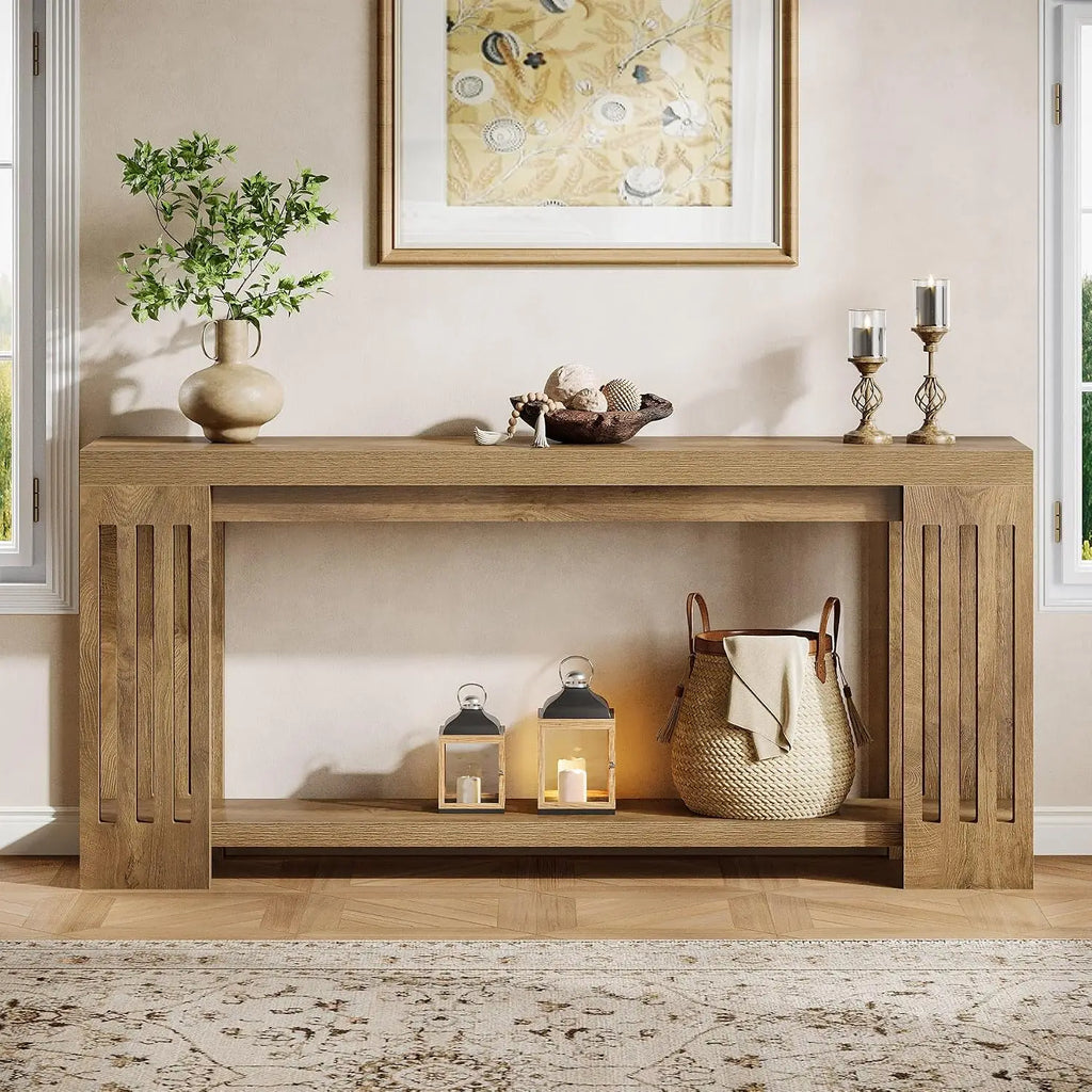 70.9-Inch Extra Long Entryway Table, Farmhouse Sofa Console Table with Vertical Stripe Legs, 2-Tier Entry Furniture for Living R