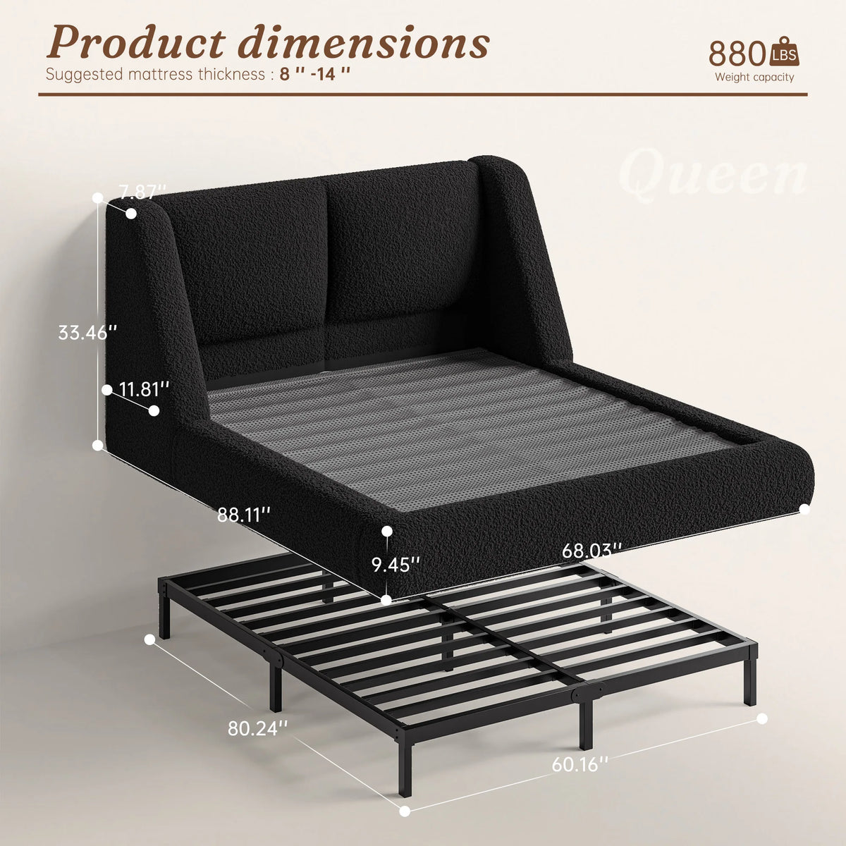 EnHomee Cloud Bed Frame with 4-inch Thick Headboard Protection, Upholstered Soft Bed Frame with Soft Rounded Corners, No Box Spring Needed
