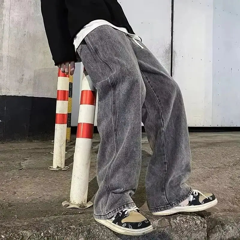 2026 New Streetwear Loose Jeans Men Korean Style Fashion Loose Straight Wide Leg Pants Men's Brand Clothing Black Light Blue