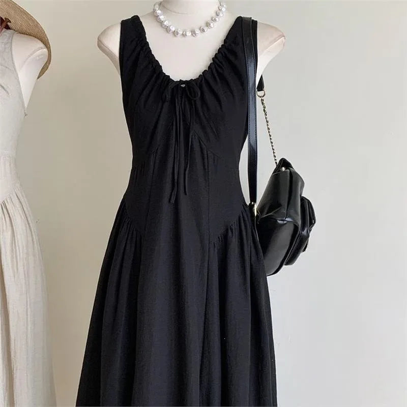 Retro French Style Casual Long Dress Drawstring Sleeveless plus Size 300 Pounds Design Summer New Fashion Dress