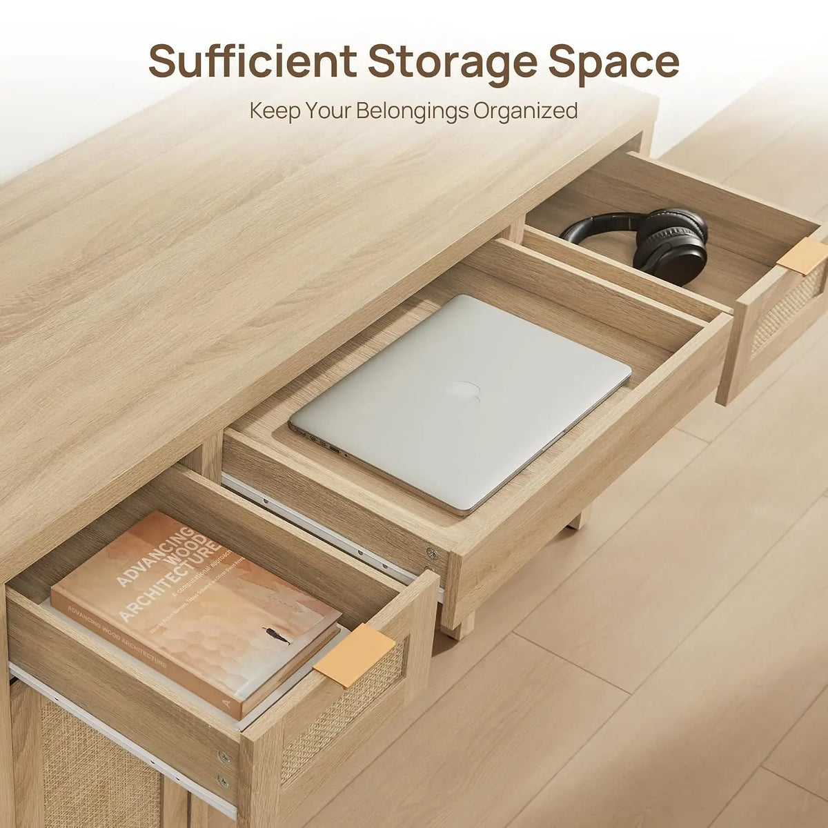 Rattan Desk with Storage, 52" Computer Table with 3 Drawers & 2 Cabinets, Writing Desk for  Study Living Room, Customized