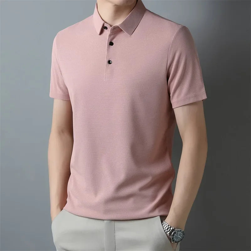 Men'S Fashion Waffle Solid Short Sleeved Polo Shirt Summer Breathable Comfortable Top
